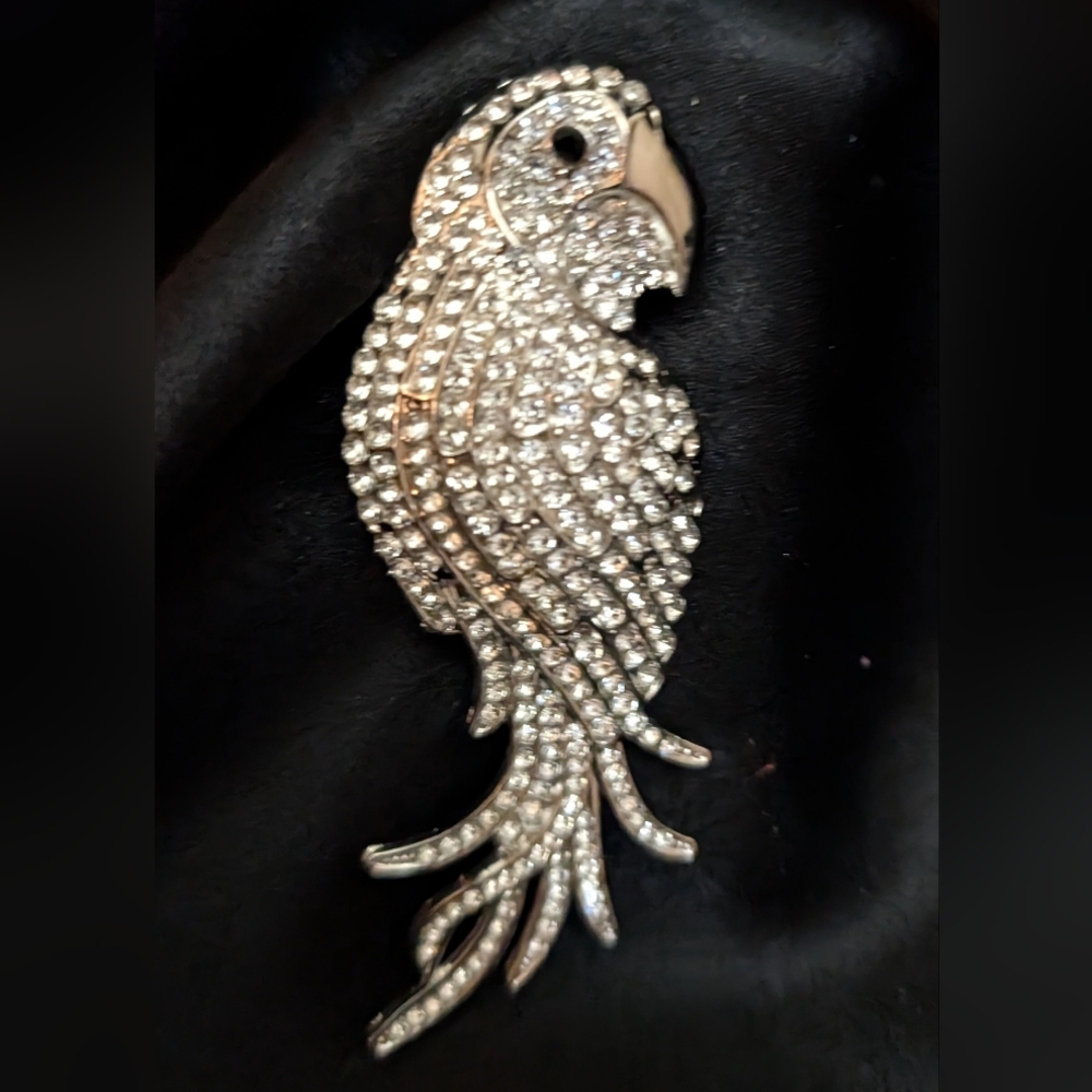 #23. Crystal Parrot Brooch - Silver Tone